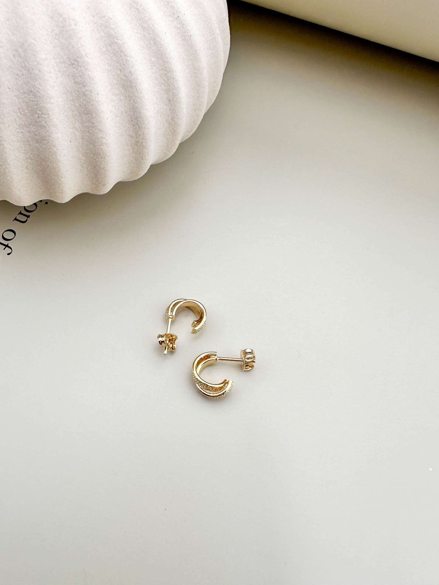 Mini dainty double C hoop earrings, 18K gold filled, hypoallergenic, waterproof, tarnish resistant, perfect for everyday wear.