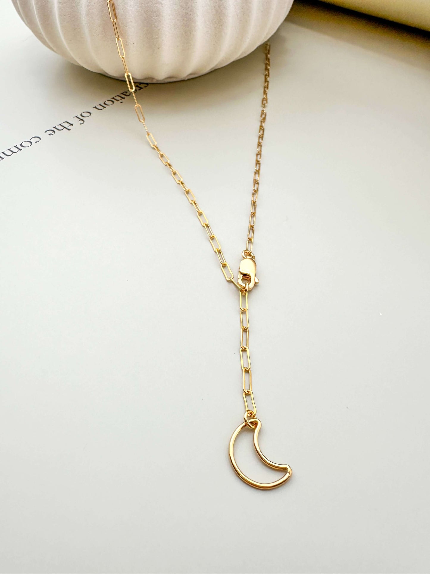 Velani Jewelry Lunar Paperclip Necklace, lightweight 14K gold filled with moon pendant, hypoallergenic and tarnish resistant.