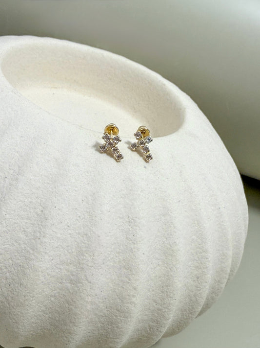 Velani Jewelry Dainty Cross Stud Earrings with CZ - 14K Gold