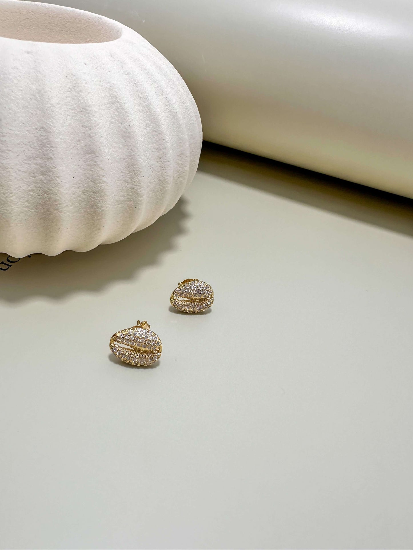 Velani Jewelry Cowrie Stud Earrings, gold filled, hypoallergenic, waterproof, stylish everyday wear, tarnish resistant.