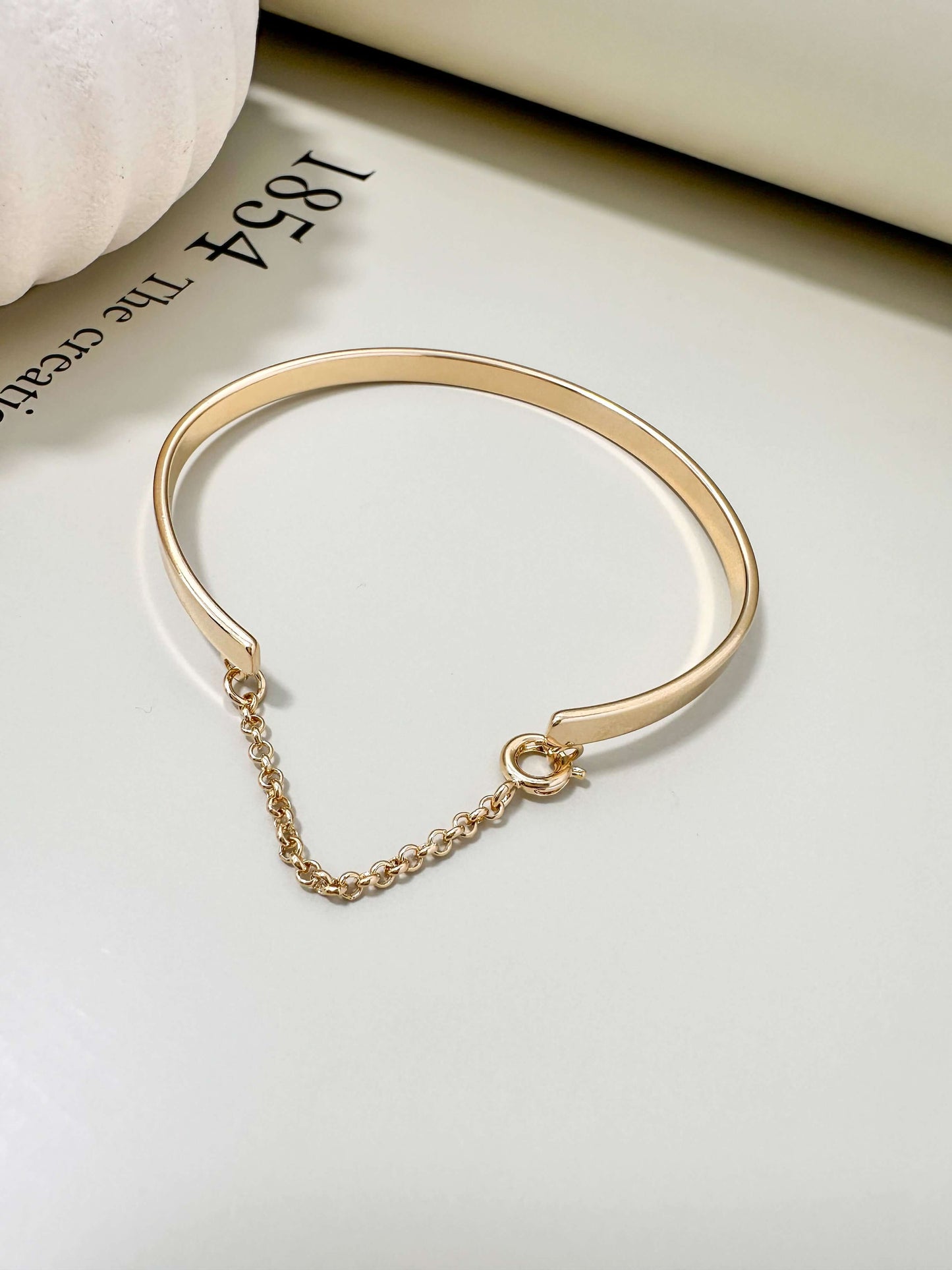 Velani Jewelry bangle bracelet with chain, 18K gold filled, hypoallergenic, waterproof, tarnish resistant, perfect for everyday wear.