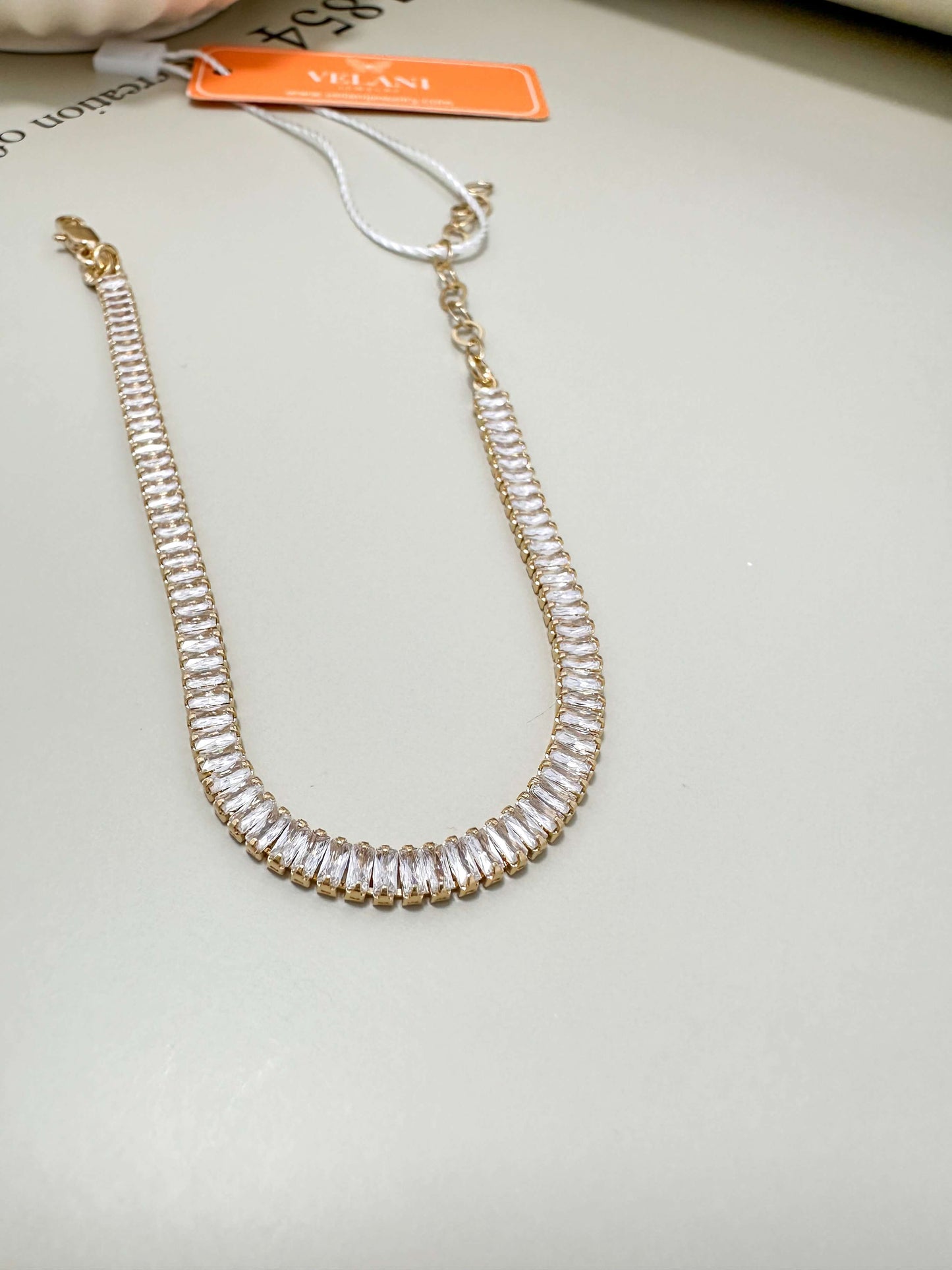 Velani Jewelry Dainty Baguette CZ Bracelet, 18K gold filled, waterproof, hypoallergenic, tarnish resistant for everyday wear.