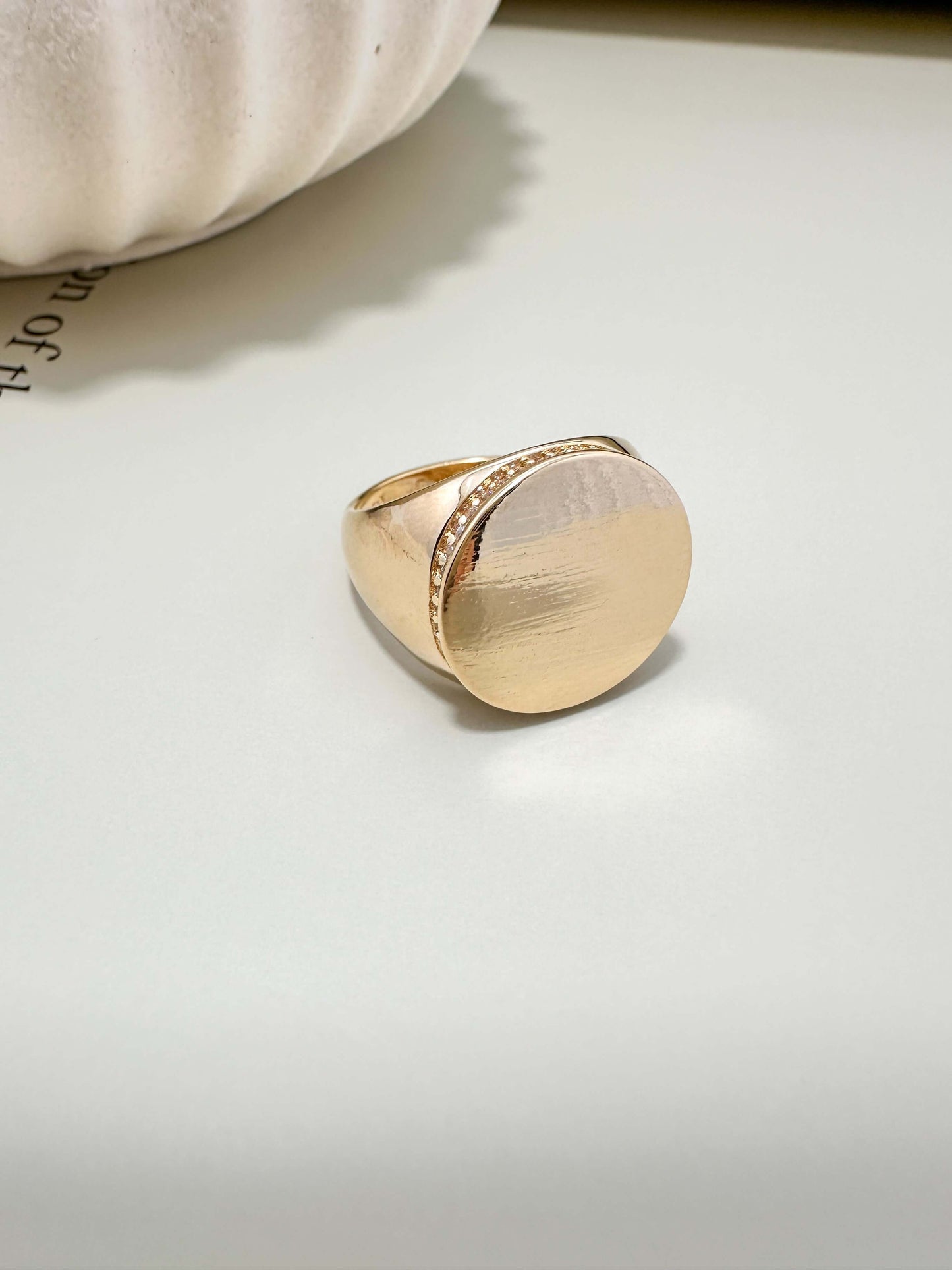 Velani Jewelry 18K gold filled rounded ring, brushed style, hypoallergenic, tarnish resistant, waterproof for everyday wear.