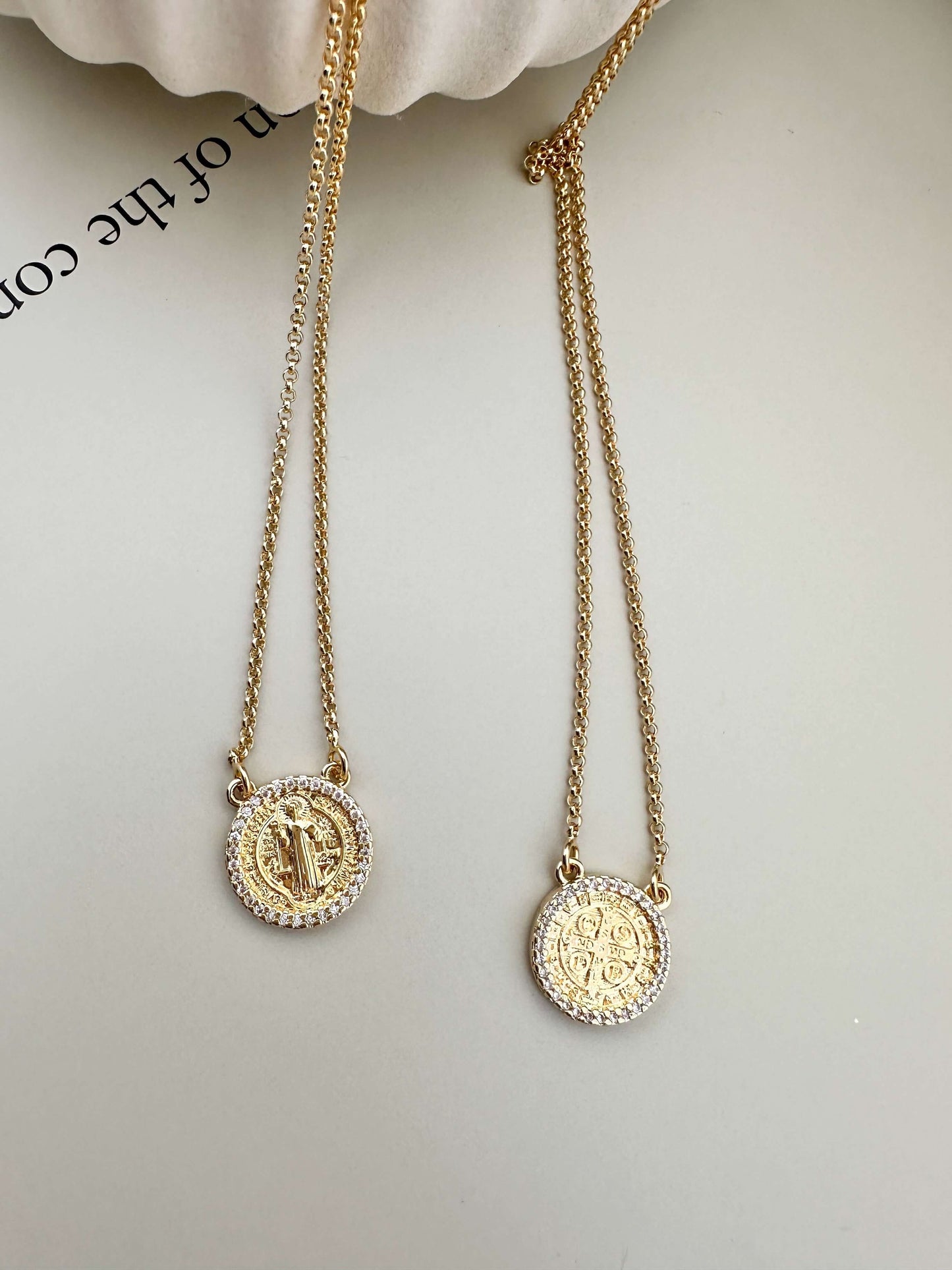 Velani Jewelry Saint Benedict Scapular Necklace in gold filled with CZ rolo chain, hypoallergenic and waterproof for everyday wear.