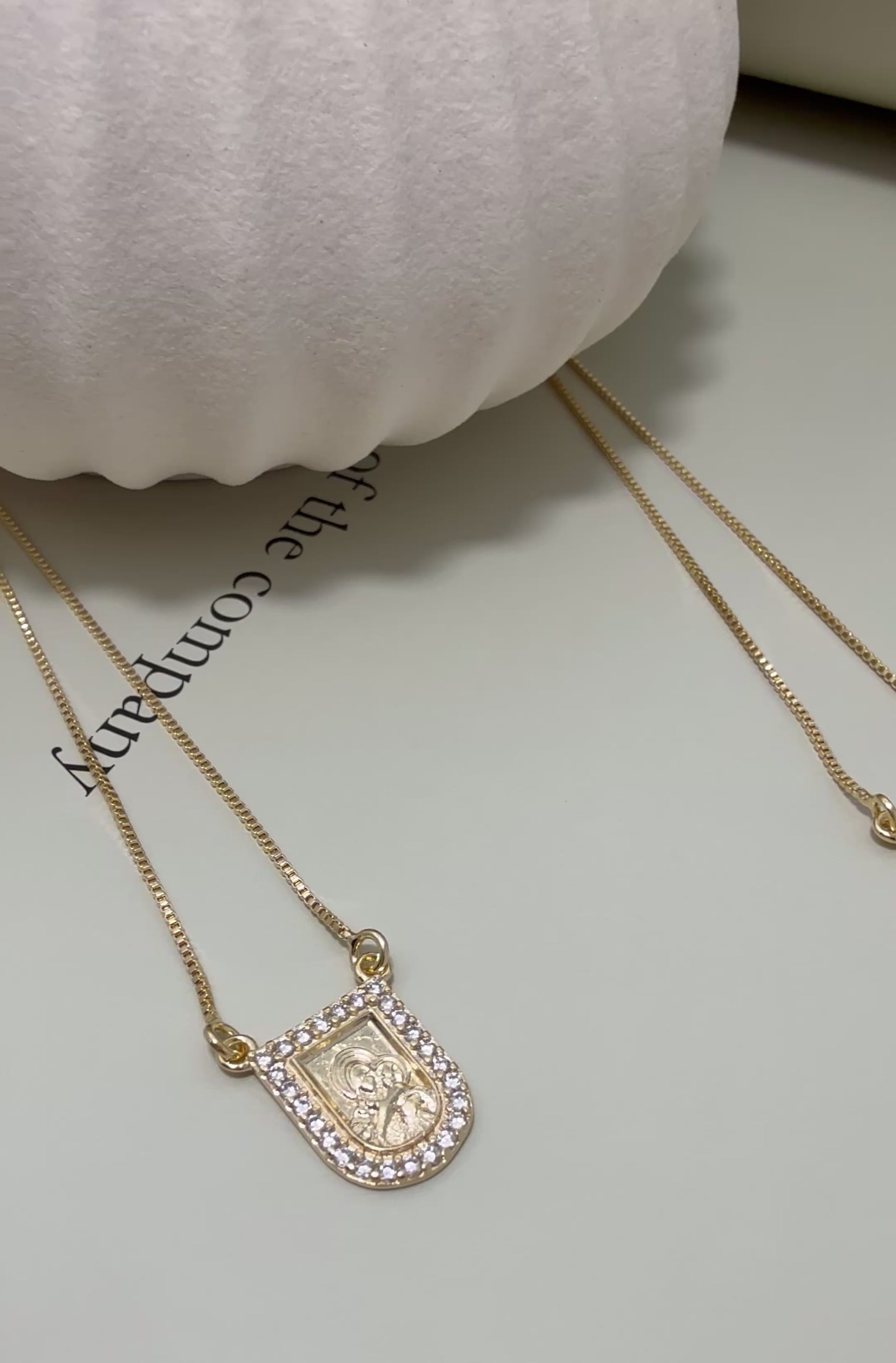 Velani Jewelry Scapular Necklace in 18K gold filled, hypoallergenic, featuring sacred heart pendant with cubic zirconia.