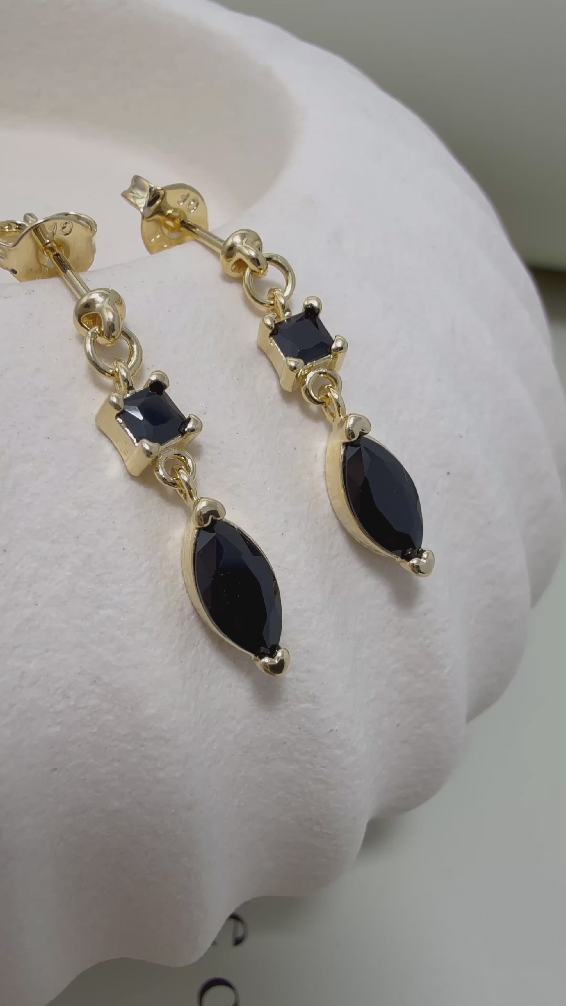 Velani Jewelry dangling earrings in gold filled, featuring marquise and princess cut black stones, hypoallergenic and waterproof.