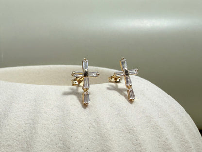 Velani Jewelry Elegance Baguette Cross Stud Earrings - 14K Gold