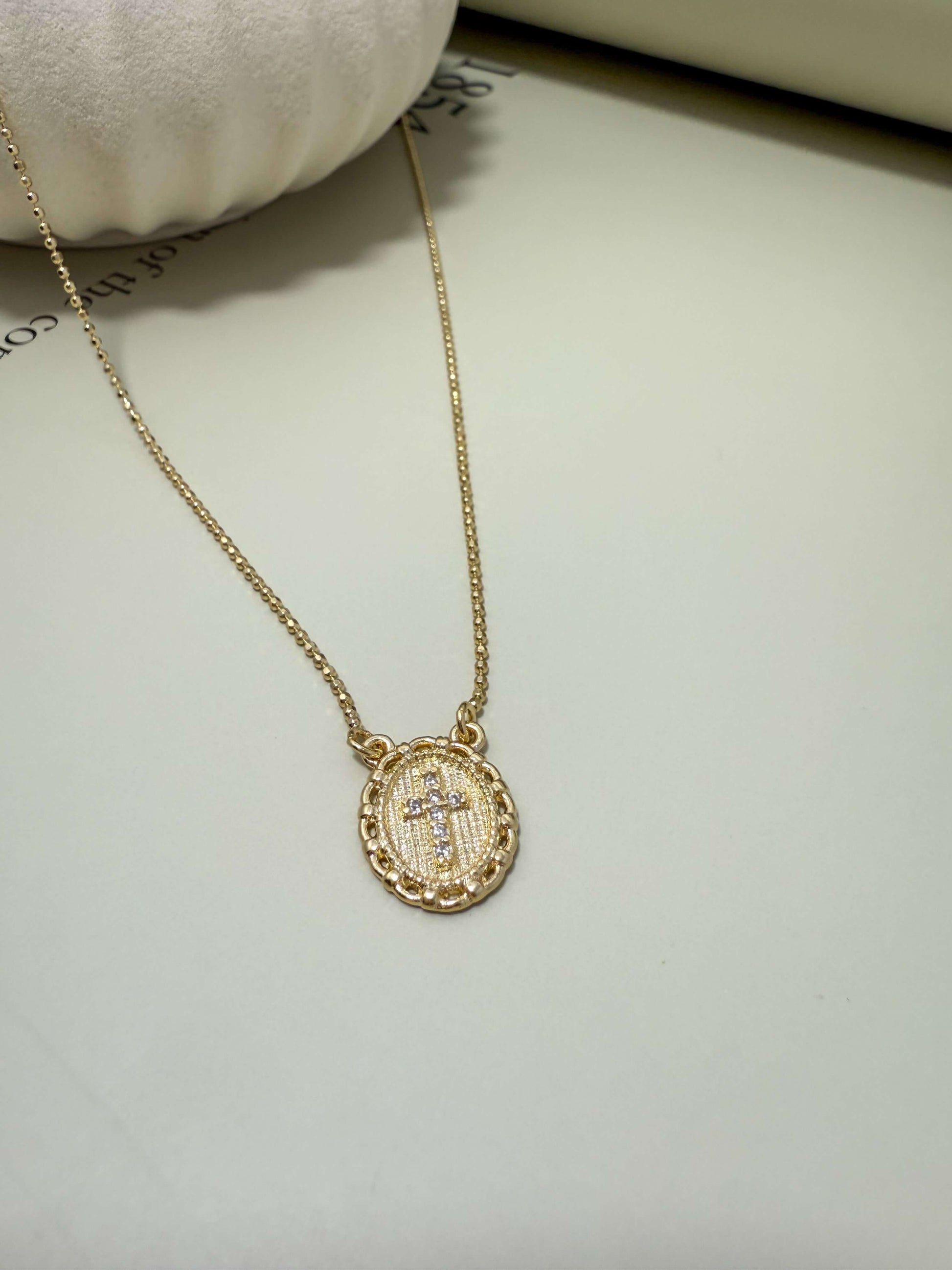 Velani Jewelry Blessed Cross Plate Necklace, gold filled, hypoallergenic, waterproof design with CZ, perfect for everyday wear.