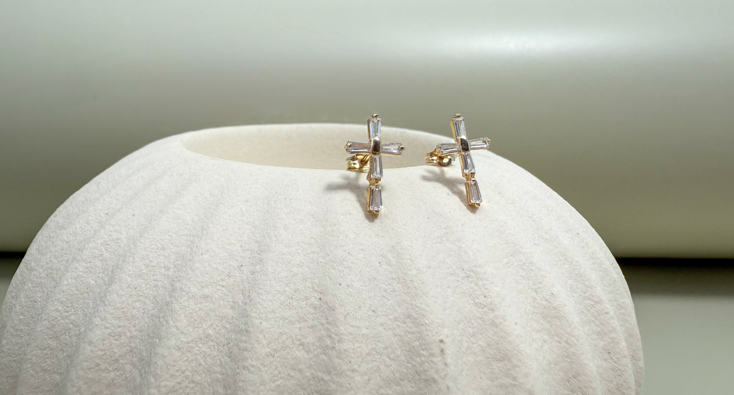 Velani Jewelry Elegance Baguette Cross Stud Earrings - 14K Gold