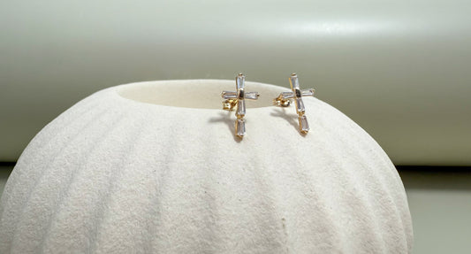 Velani Jewelry Elegance Baguette Cross Stud Earrings - 14K Gold
