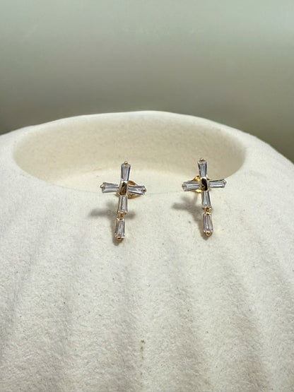 Velani Jewelry Elegance Baguette Cross Stud Earrings - 14K Gold