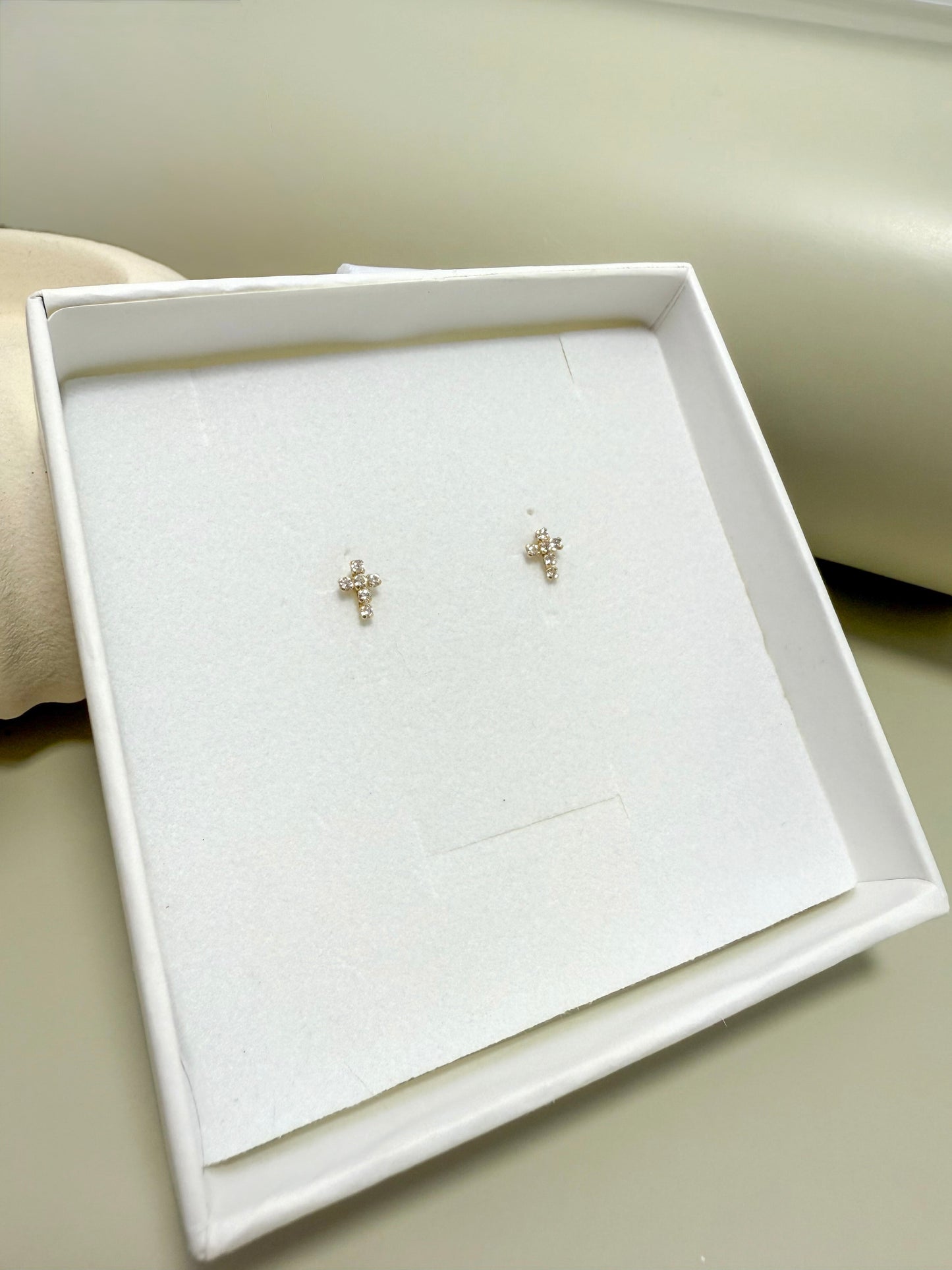 Velani Jewelry Dainty Cross Stud Earrings with CZ - 14K Gold
