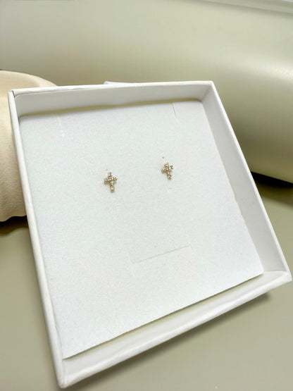 Velani Jewelry Dainty Cross Stud Earrings with CZ - 14K Gold