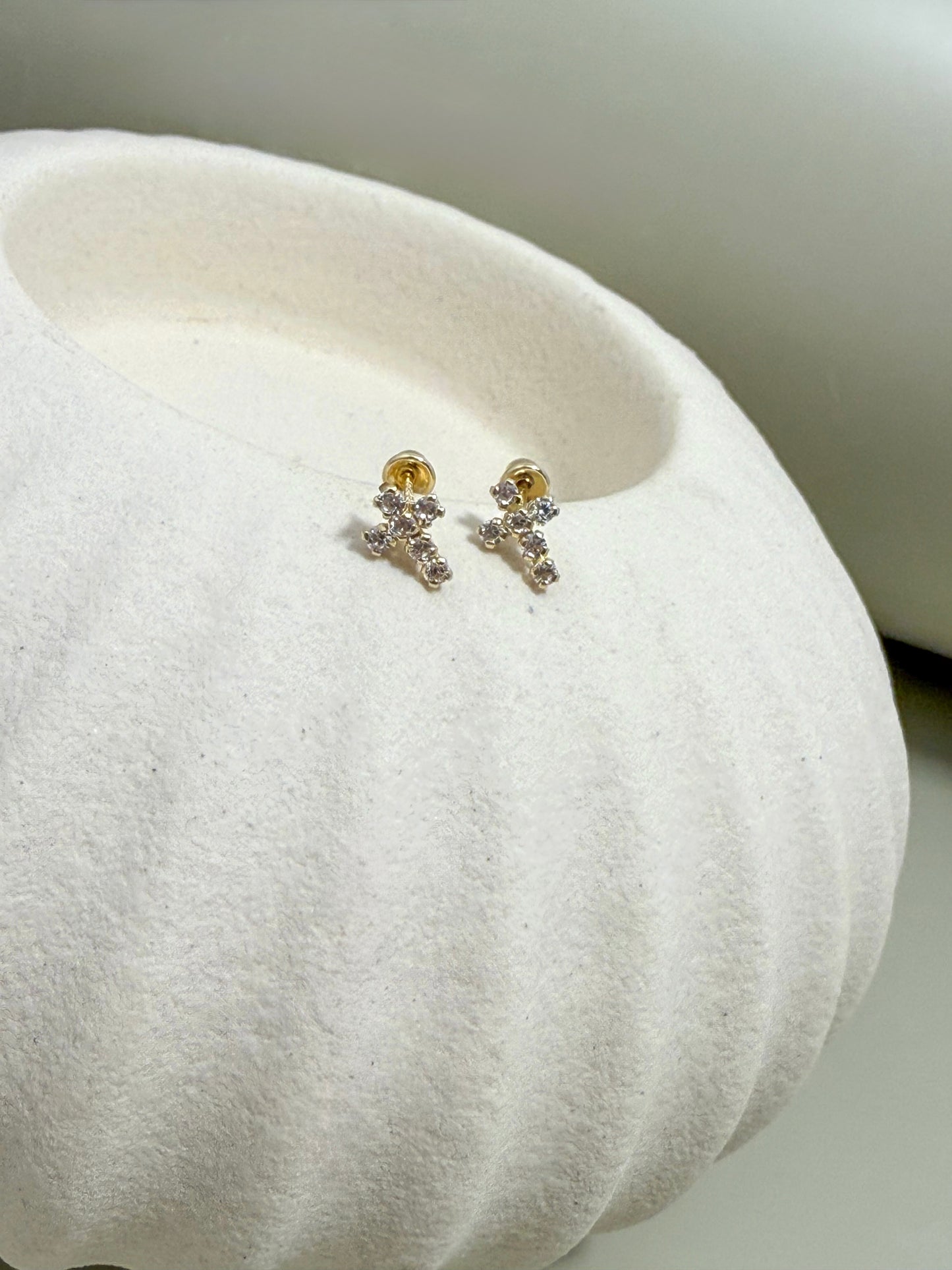 Velani Jewelry Dainty Cross Stud Earrings with CZ - 14K Gold