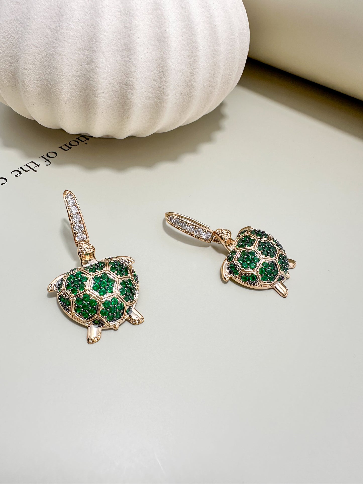 Velani Jewelry Emerald Voyage Turtle Earrings, hypoallergenic, gold filled, waterproof, everyday wear, tarnish resistant.