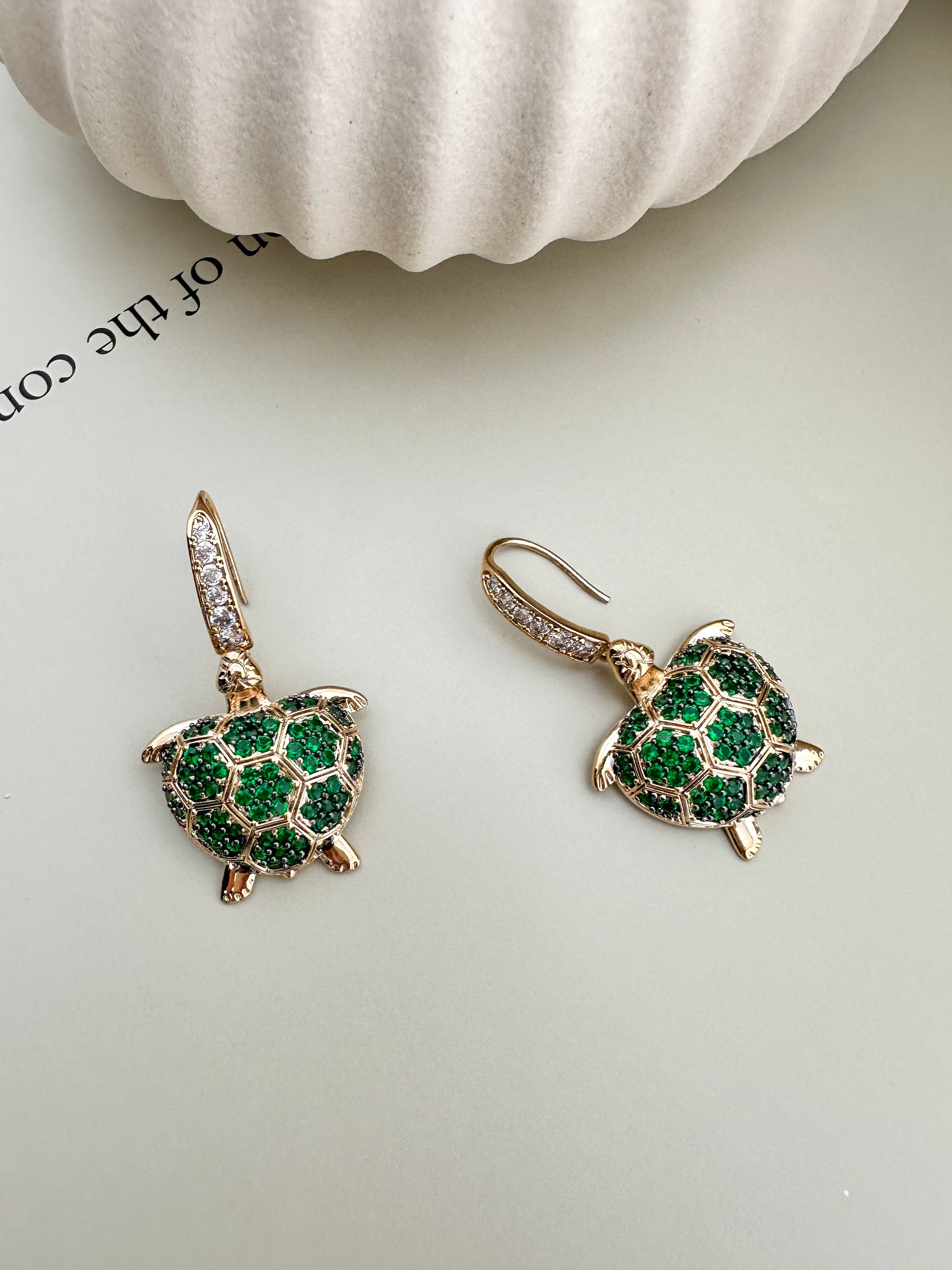 Emerald Voyage Turtle Earrings by Velani Jewelry, gold filled, hypoallergenic, waterproof, everyday wear, festive tropical design.