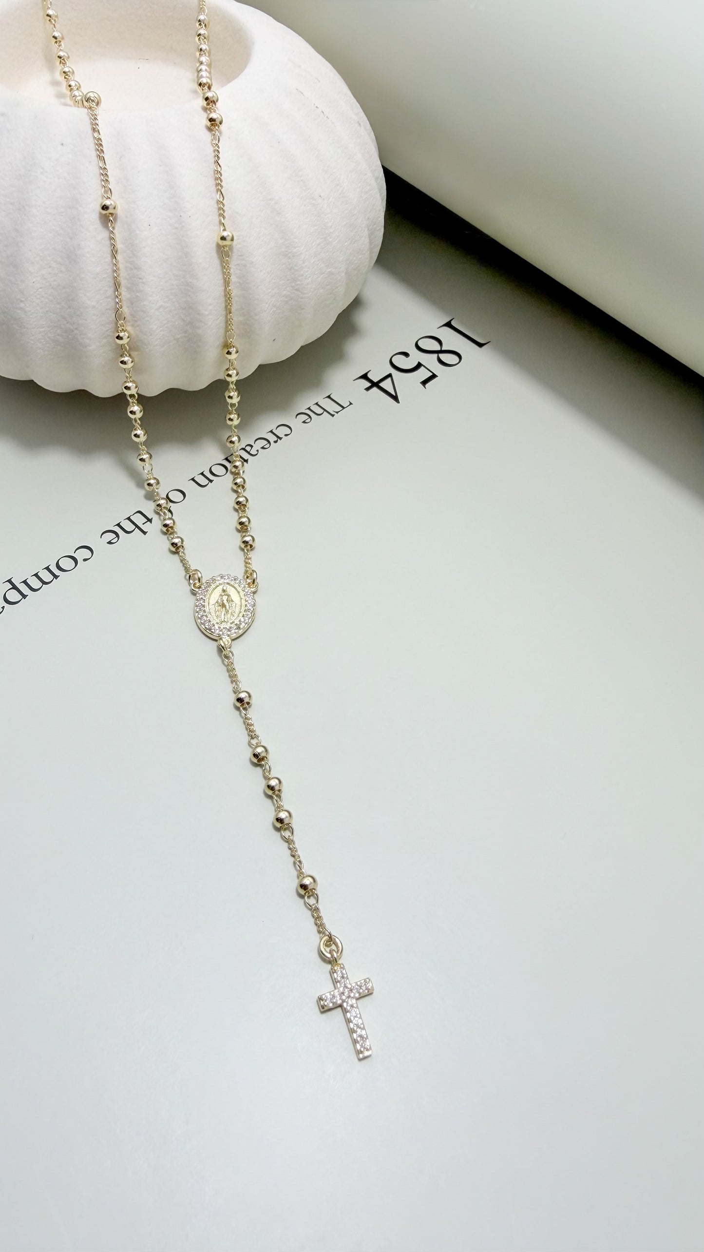 Our Lady of Grace Rosary Necklace with CZ Cross - Velani Jewelry