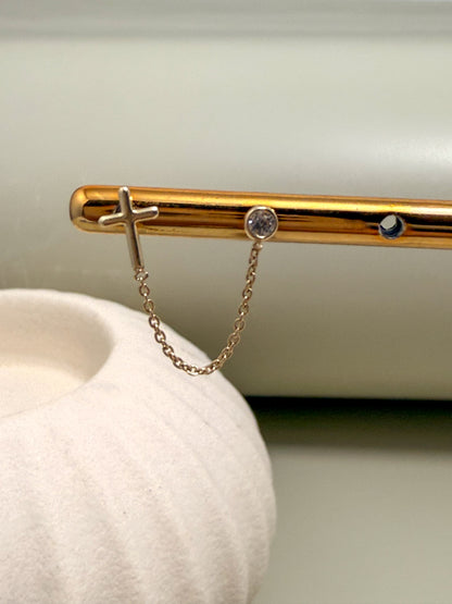 Velani Jewelry Double Piercing Cross and Round CZ Stud Earrings - 14K Gold