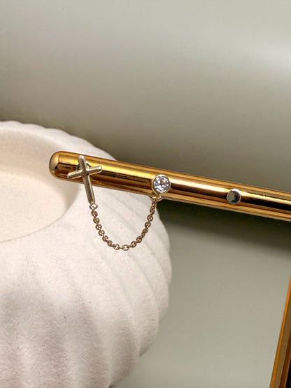 Velani Jewelry Double Piercing Cross and Round CZ Stud Earrings - 14K Gold