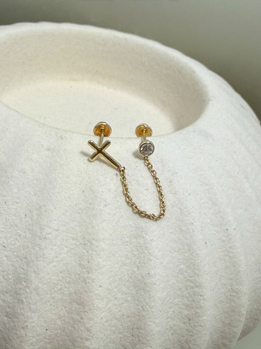 Velani Jewelry Double Piercing Cross and Round CZ Stud Earrings - 14K Gold