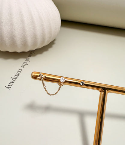 Velani Jewelry Double Piercing Cross and Round CZ Stud Earrings - 14K Gold