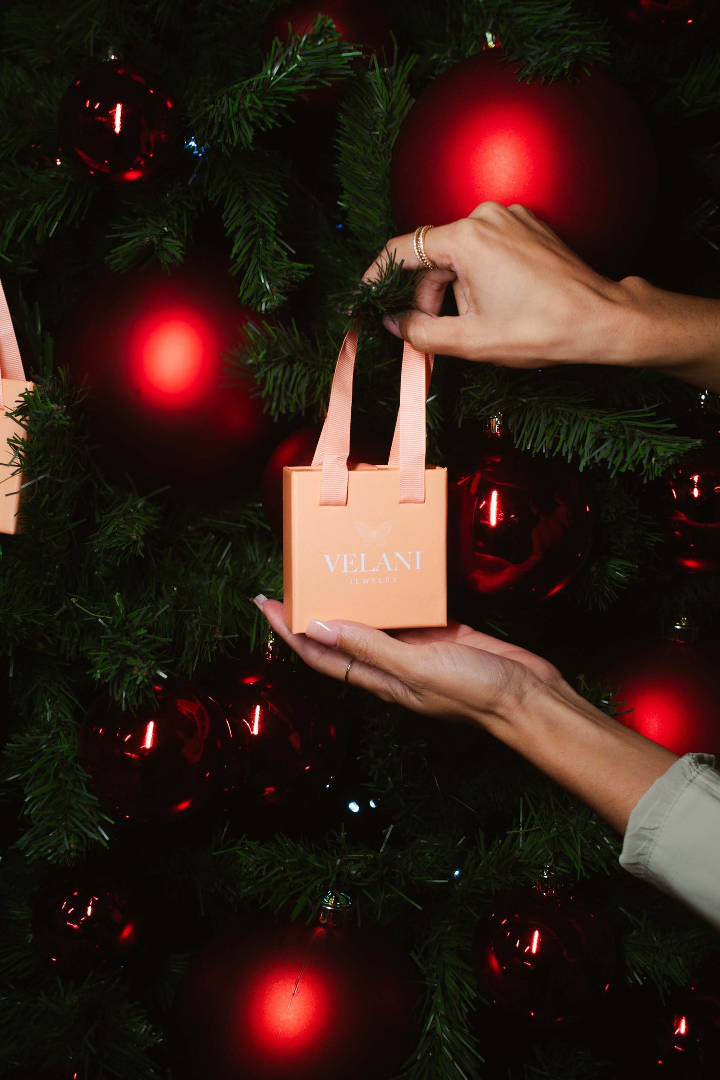 Velani Jewelry Gift Bag Being Placed Next To Christmas Tree