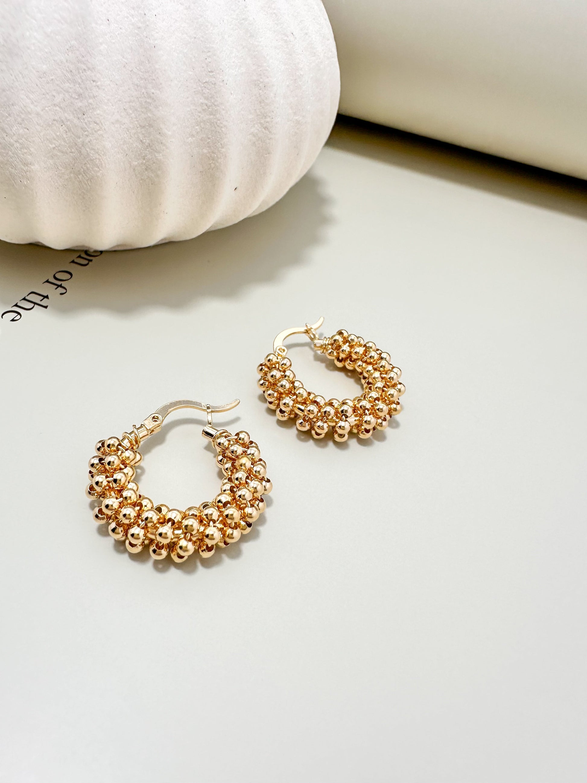 Velani Jewelry Beads Cluster Hoop Earrings in 18K Gold, handcrafted and hypoallergenic, on a white surface.