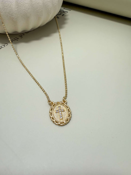 Velani Jewelry Blessed Cross Plate Necklace, gold filled, hypoallergenic, waterproof design with CZ, perfect for everyday wear.