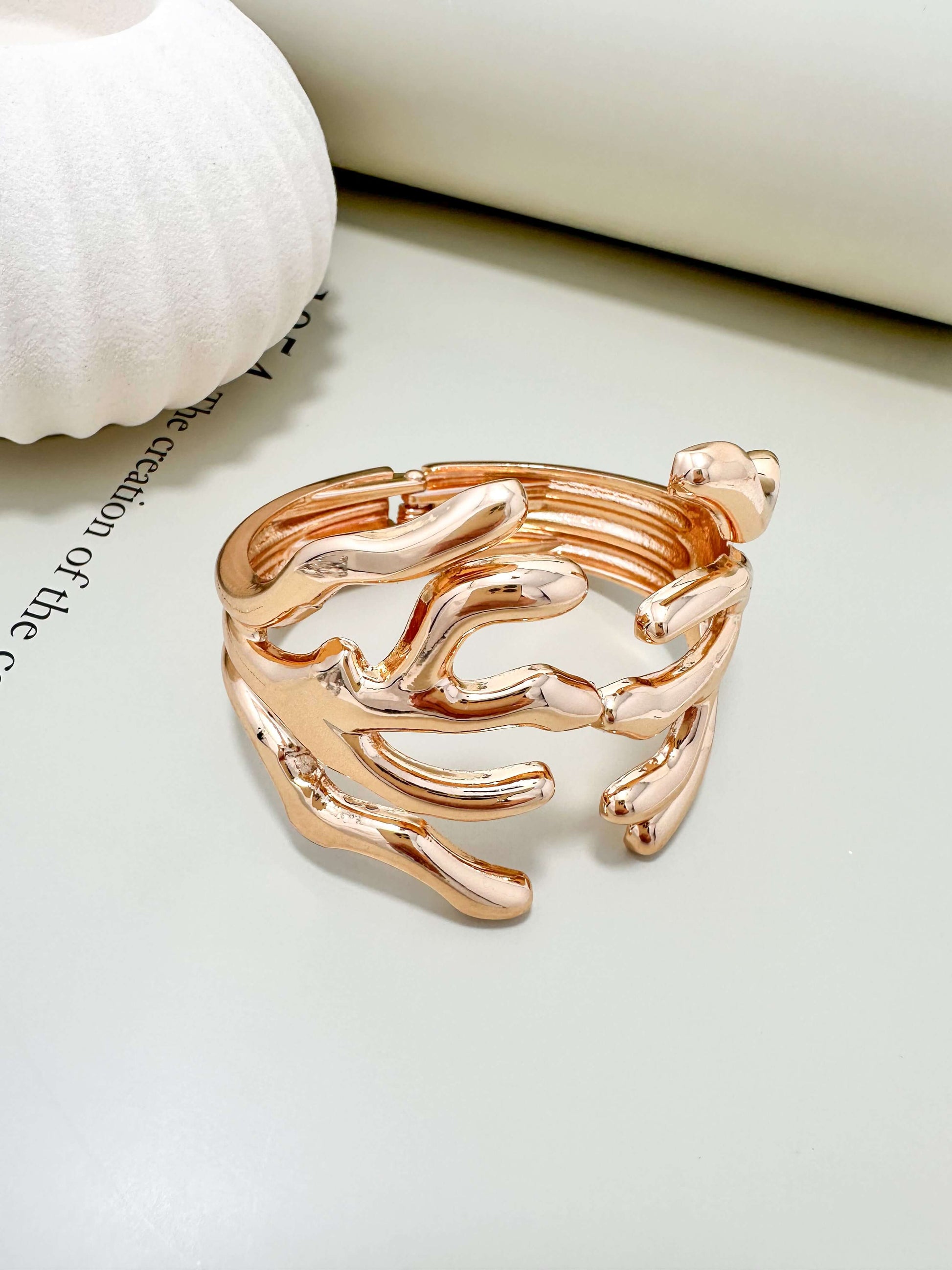 Velani Jewelry Coral Statement Bracelet in rose gold, hypoallergenic and tarnish resistant, perfect for everyday wear.