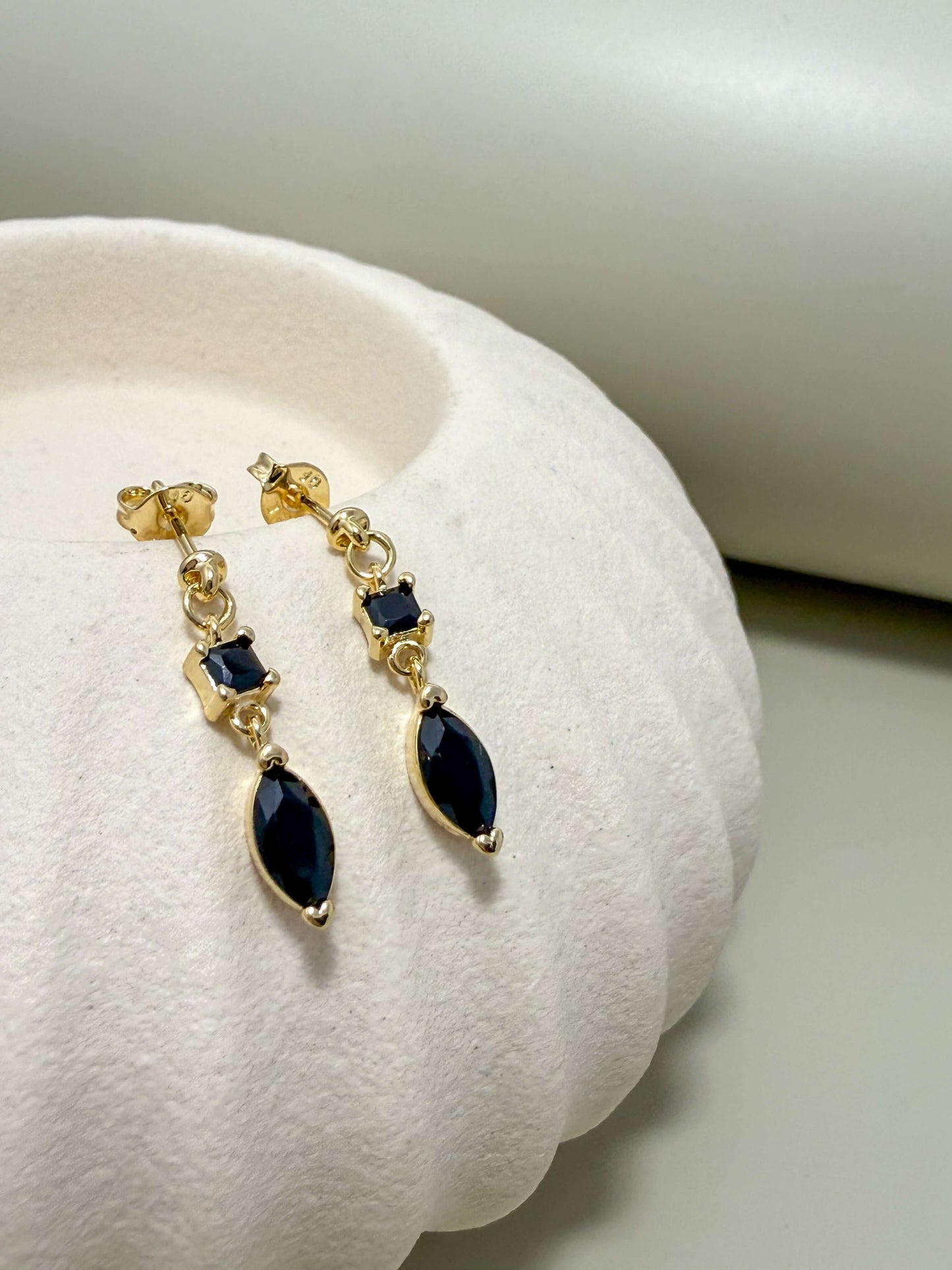 Velani Jewelry dangling earrings with marquise and princess cut stones, 18K gold filled, hypoallergenic, waterproof, everyday wear.