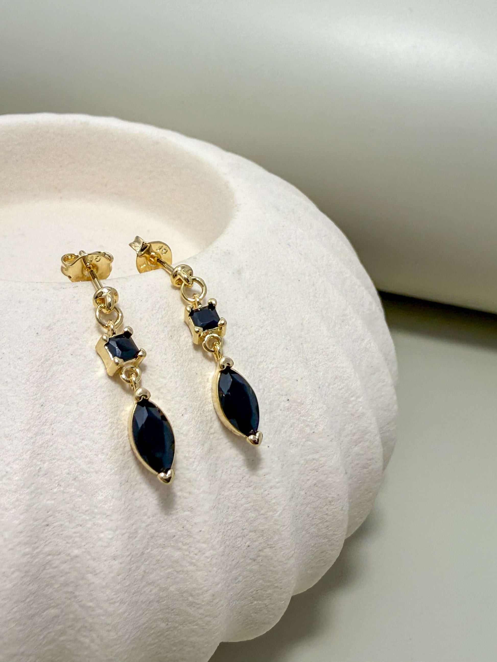 Velani Jewelry dangling earrings with marquise and princess cut stones, 18K gold filled, hypoallergenic, waterproof, everyday wear.