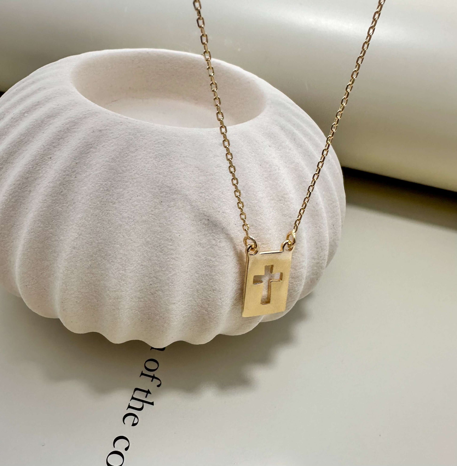 Elegant Velani Jewelry El Shaddai Cross Plaque Necklace, gold filled, hypoallergenic, waterproof, perfect for everyday wear.