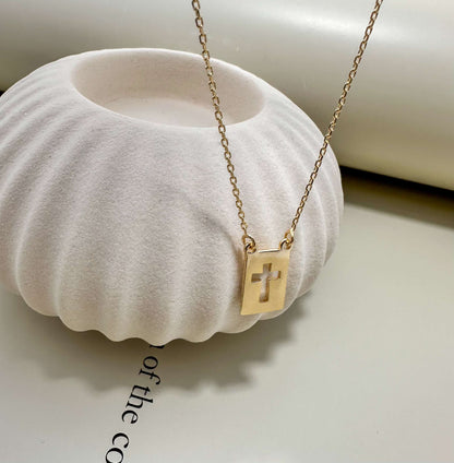 Elegant Velani Jewelry El Shaddai Cross Plaque Necklace, gold filled, hypoallergenic, waterproof, perfect for everyday wear.