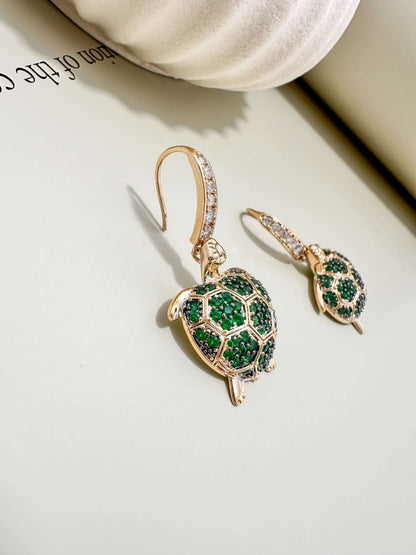 Velani Jewelry Emerald Voyage Turtle Earrings, gold filled, hypoallergenic, waterproof, tarnish resistant, perfect for everyday wear.