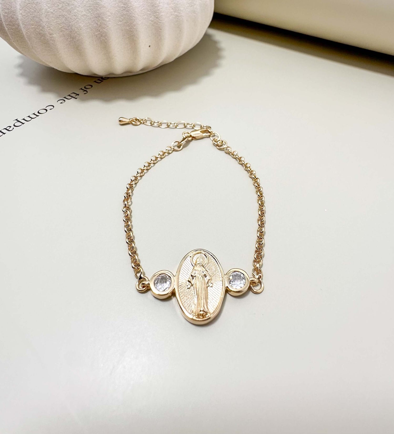 Lady of Grace Bracelet in 18K Gold Filled with Cubic Zirconias, hypoallergenic and waterproof, perfect for everyday wear.