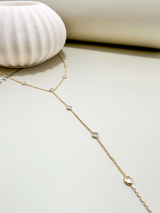 Velani Jewelry Gold Filled Lariat Necklace with Cubic Zirconia, Hypoallergenic and Waterproof design for everyday wear.