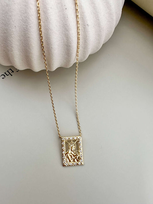 Velani Jewelry gold filled Madonna and Child necklace, 18K, hypoallergenic, waterproof, tarnish resistant, everyday wear.