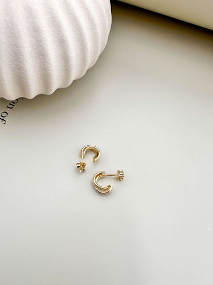 Mini dainty double C hoop earrings, 18K gold filled, hypoallergenic, waterproof, tarnish resistant, perfect for everyday wear.