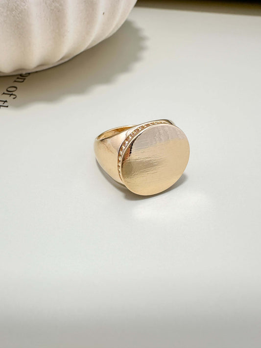 Velani Jewelry 18K gold filled rounded ring, brushed style, hypoallergenic, tarnish resistant, waterproof for everyday wear.