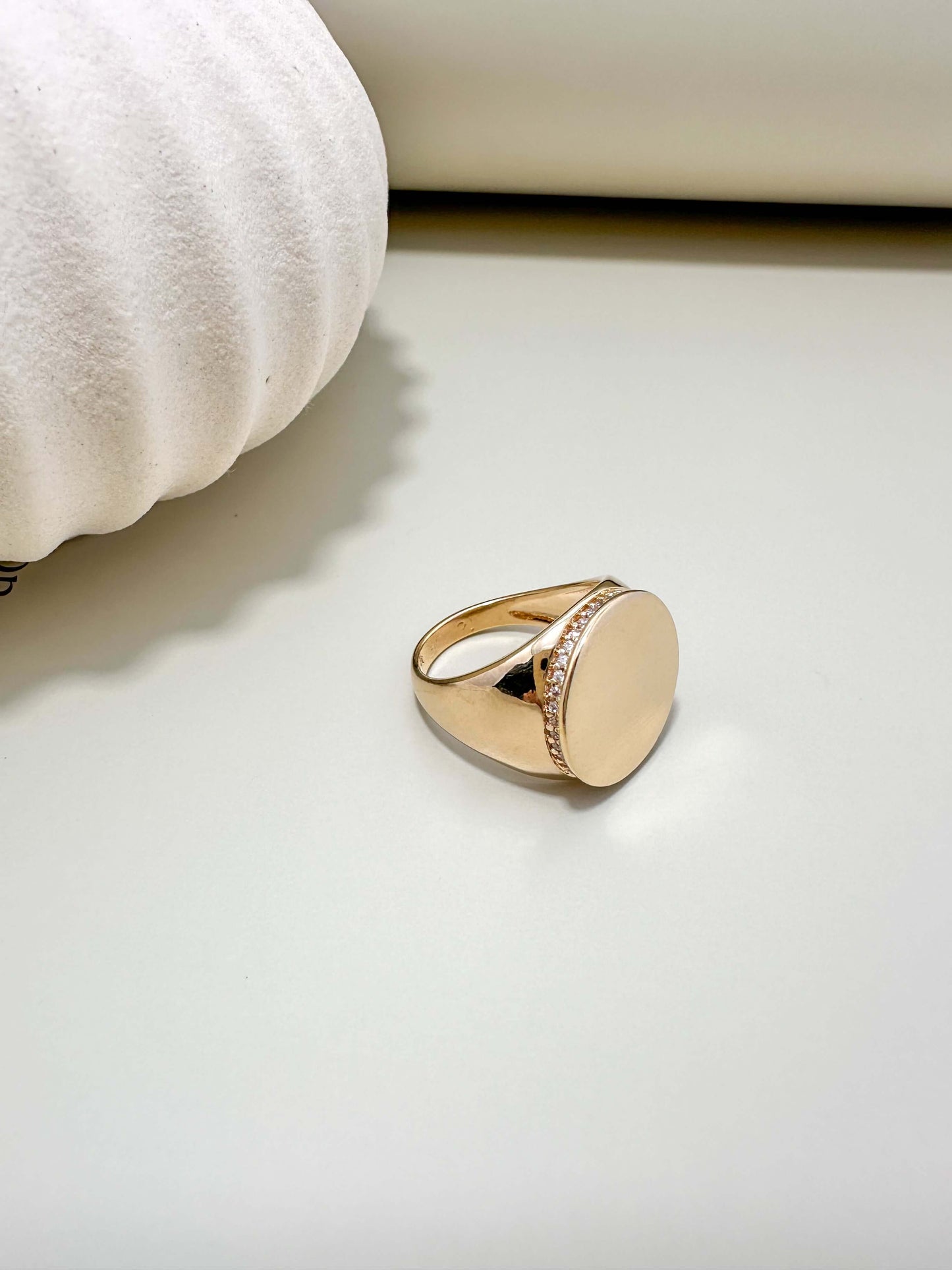 Velani Jewelry 18K gold filled rounded ring with brushed style, hypoallergenic, tarnish resistant, and waterproof.