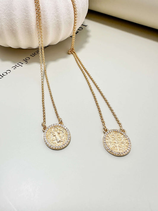 Velani Jewelry Saint Benedict Scapular Necklace in 18K gold filled with hypoallergenic and waterproof features.