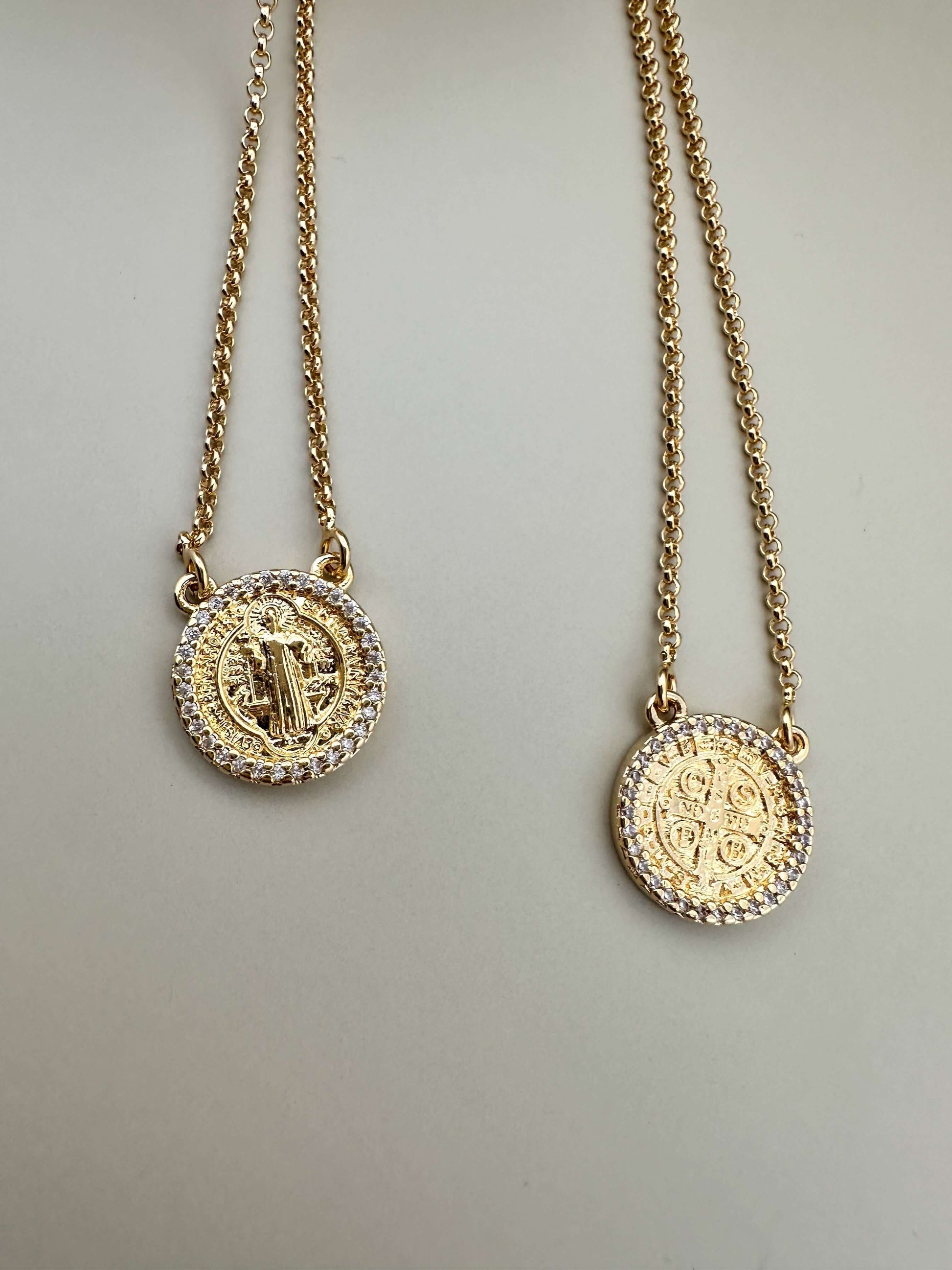 Velani Jewelry Saint Benedict Scapular Necklace, 18K gold filled, hypoallergenic, waterproof, and suitable for everyday wear.