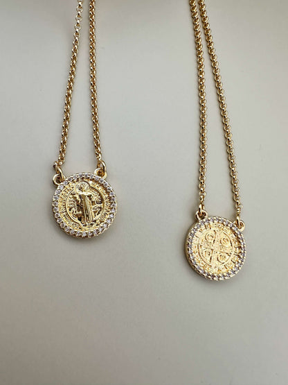 Velani Jewelry Saint Benedict Scapular Necklace, 18K gold filled, hypoallergenic, waterproof, and suitable for everyday wear.