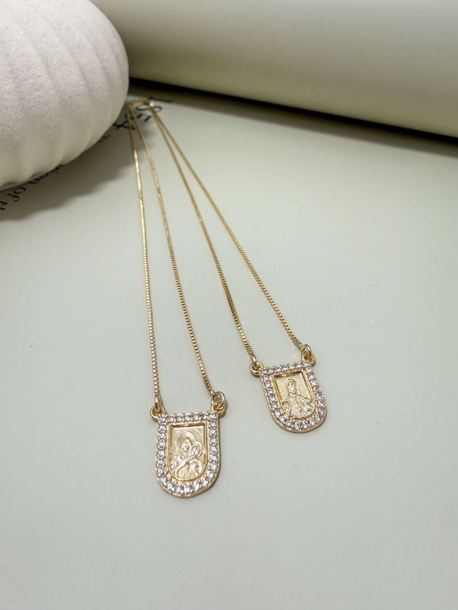 Velani Jewelry Scapular Necklace in gold filled with sacred heart and virgin Mary pendants, waterproof and hypoallergenic design.