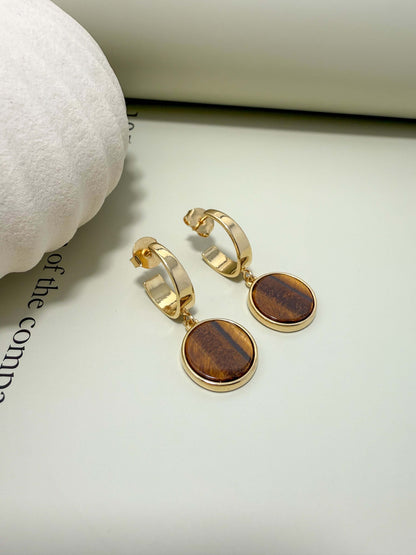 Velani Jewelry Gold Filled Hypoallergenic Round Earrings with Natural Brown Stones for Everyday Wear