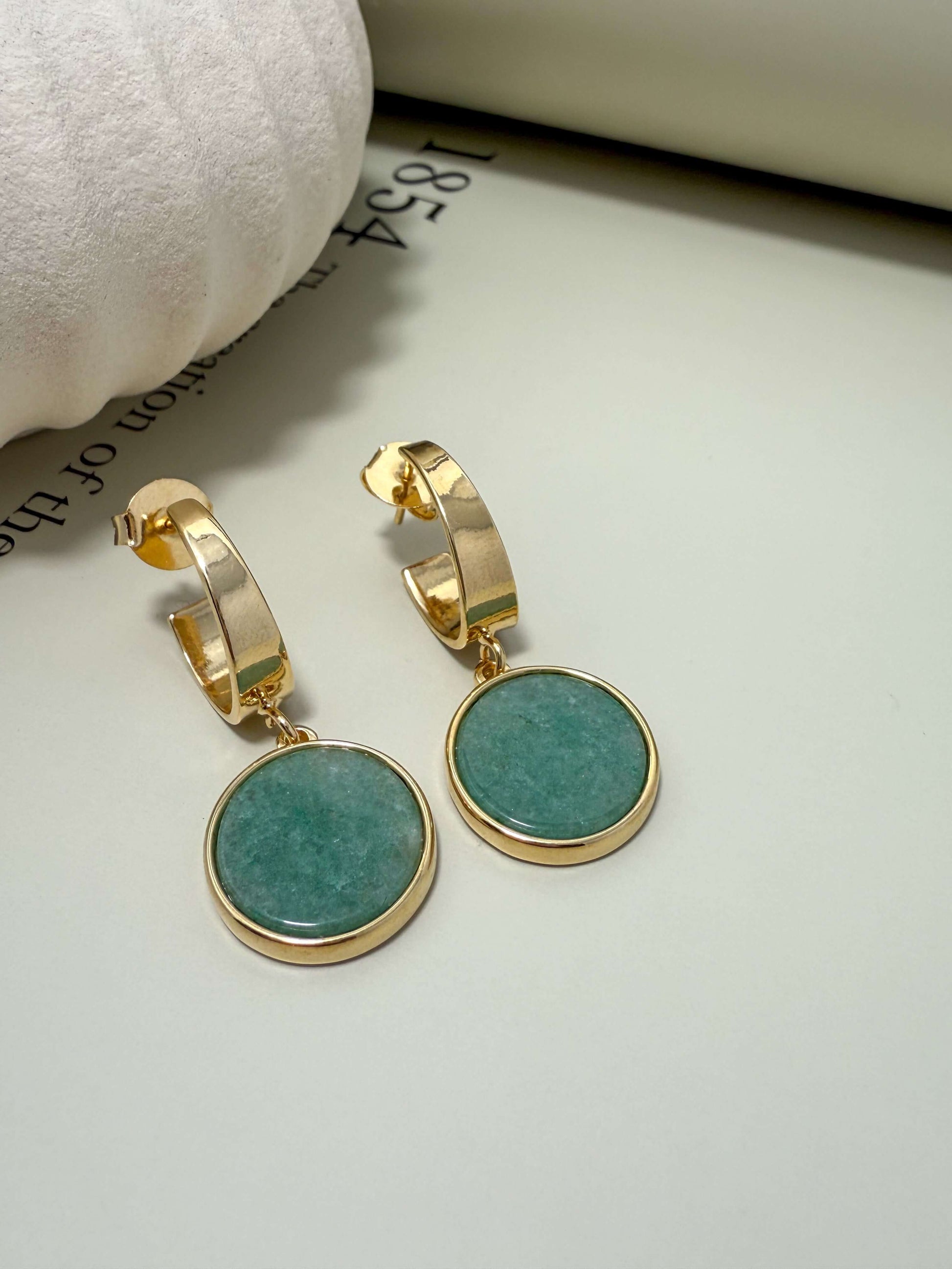 Velani Jewelry semiprecious stone round earrings, 18K gold filled, hypoallergenic, waterproof, perfect for everyday wear.