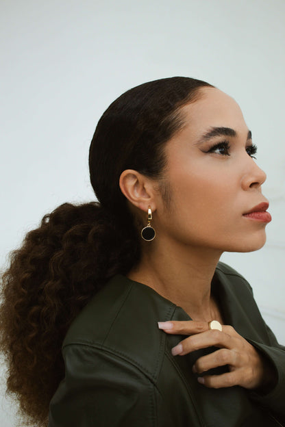 Velani Jewelry semiprecious stone round earrings in 18K gold filled; hypoallergenic, waterproof, and tarnish resistant for everyday wear.