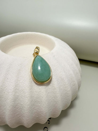 Velani Jewelry green quartz teardrop pendant in gold filled setting, hypoallergenic and waterproof, for everyday wear.