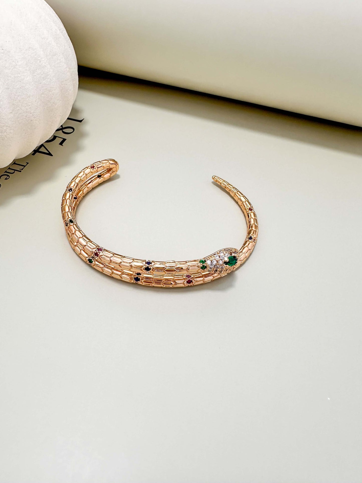 Velani Jewelry snake bracelet with sapphire, ruby, emerald; hypoallergenic, waterproof, gold filled, tarnish resistant design.