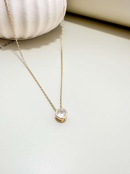 Velani Jewelry 18K gold filled hypoallergenic solitaire diamond necklace, waterproof and tarnish resistant for everyday wear.
